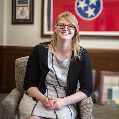 Political Science student sits in Tennessee Capitol building office